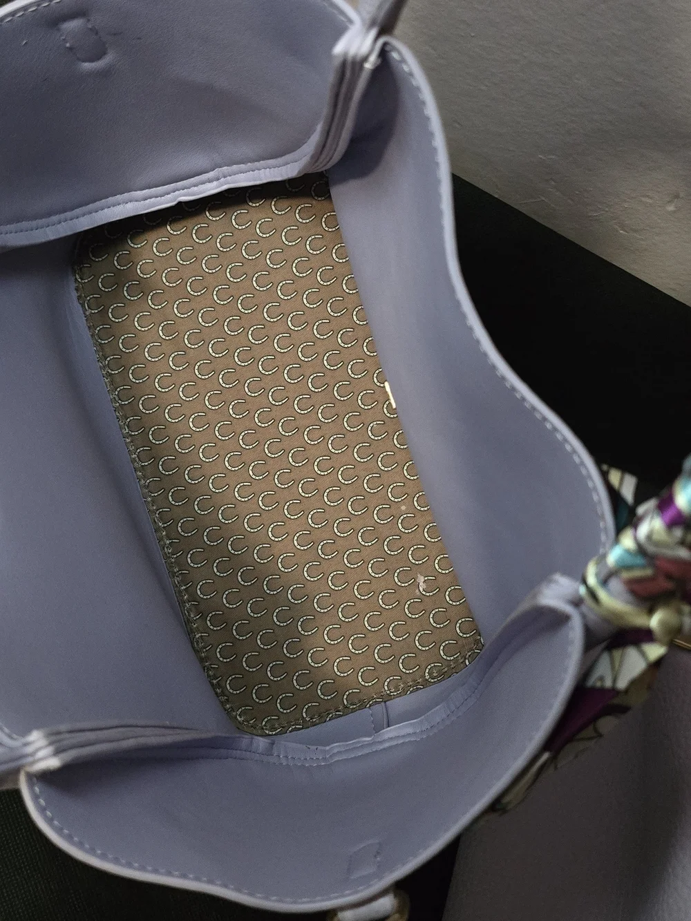 Lilac Leather Tote Bag with Decorative Scarf